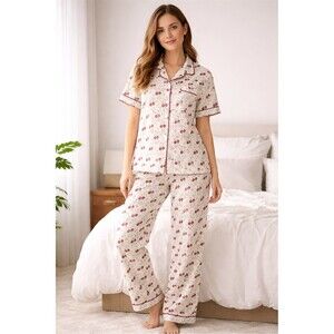 Pajama Set Womens L/XL Ivory Cherry Print mono Button-Up Top Pants